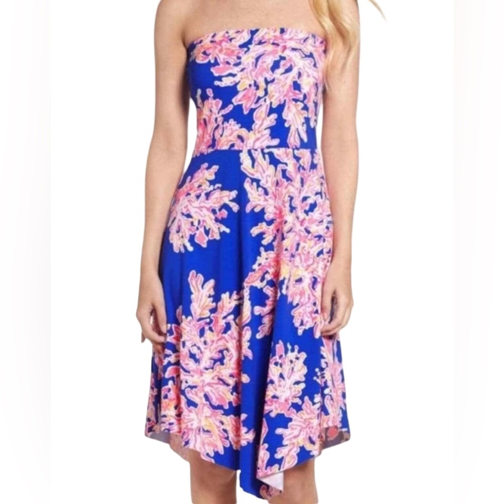 Lilly Pulitzer Loleta Strapless Dress Blue Pink Coral Reef Print Size Medium